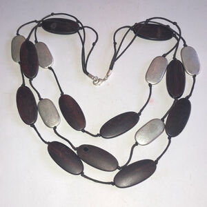 Boho Brown & Silver Tone Wooden Beaded Chunky Retro Necklace